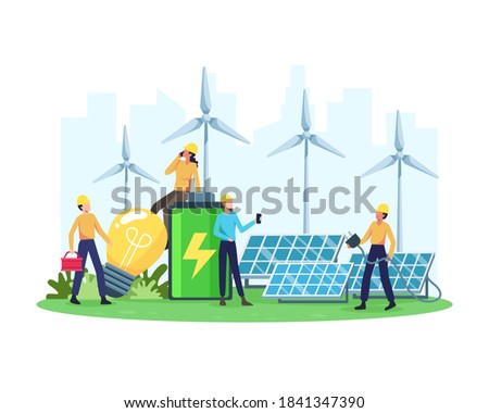 Vector illustration Renewable energy concept. Renewable electric power station with solar panels and wind turbines. Clean electric energy from renewable sources sun and wind. Vector in a flat style