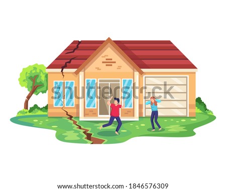 Earthquake disaster illustration. Running people escaping from breaking construction. Natural disaster or calamity, earthquake and destruction of house. Earthquake damage to house. Vector flat style