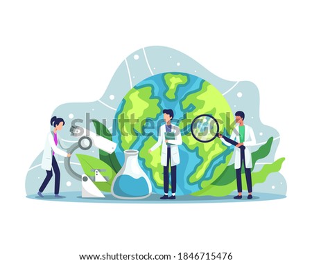 Ecologist taking care of Earth and nature. Scientist taking care of nature and study ecological environment. Ecological activist for the protection of Air, Soil and Water. Vector illustration in a flat style