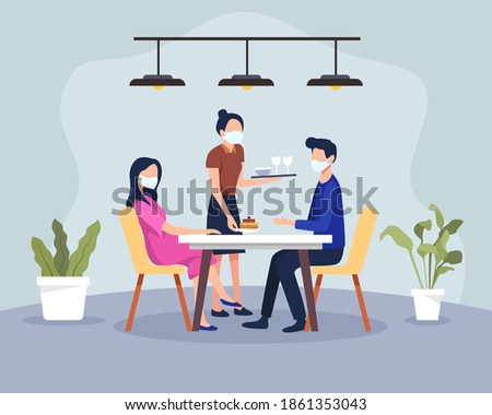 Couple having dinner in a restaurant with health protocols. New normal scene at restaurant, Men and women in cafe or restaurant. Waiter wearing medical mask and client. Vector in a flat style