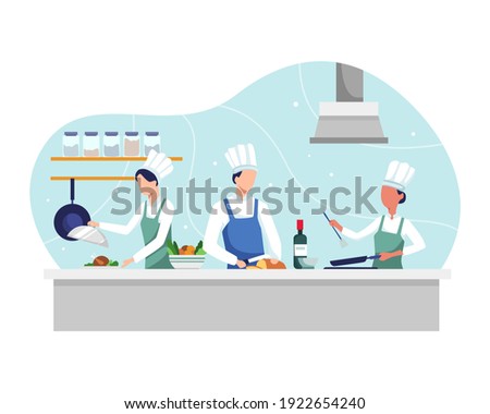 Chef cooking the dish. Professional chef prepares in kitchen, Food cooking and vegetable prepare. Restaurant kitchen with culinary staff, People cooking on kitchen table. Vector in a flat style