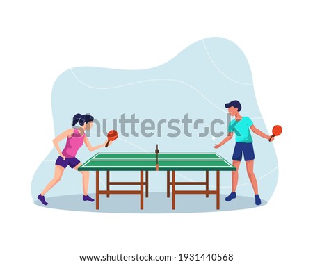 Two players play table tennis. Table tennis players, Boy and girl playing ping pong, Having fun play ping pong. Athletes vector illustration, Table tennis ping pong match. Vector in a flat style