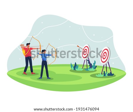 People with bow archery and target. Male and female archery athletes compete, Practice archery together. Archers in the archery match for sport competition. Vector illustration in a flat style