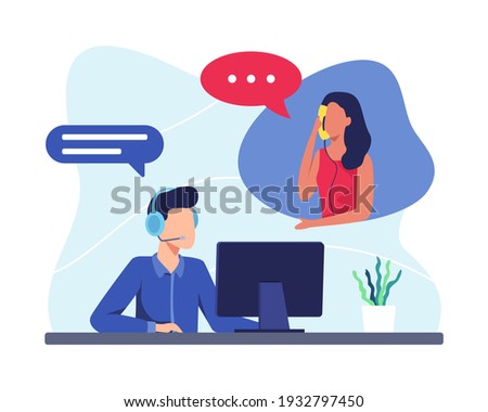Hotline operator illustration concept. Male hotline operator advises client, Customer service, Customer and operator. Online global technical support 24 hours. Vector illustration in a flat style