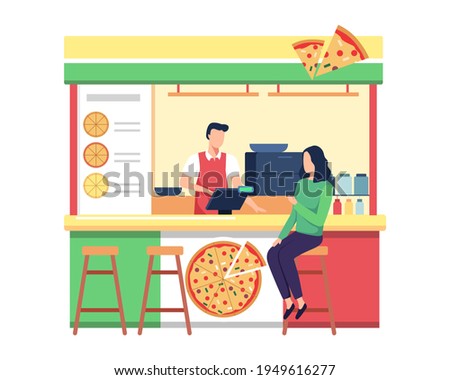Pizza vendor shop concept. Pizza street market food vector illustration, Shop owner serve customer. Young woman buy pizza, Happy man seller takeaway pizza fast food to people. Vector in a flat style