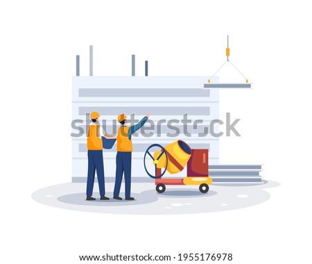 Building industry concept. Construction worker holding blueprint, Architects discuss a project. Erection of buildings, Contractor and engineer character. Vector illustration in a flat style Stockfoto © 