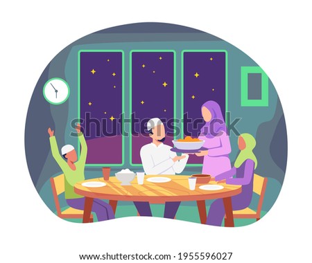 Muslim family eating Ramadan iftar together. Moslem family preparing iftar meal, Praying before having iftar. Enjoying ramadan together in happiness during fasting. Vector illustration in a flat style