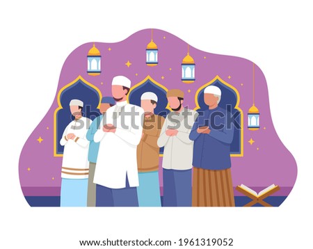 Muslim people perform taraweeh prayer night during Ramadan. Prayers in congregation at the mosque. Vector illustration in a flat style
