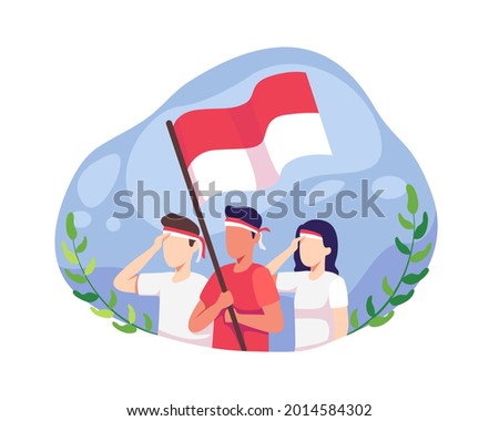 Youth celebrate Indonesia's independence day. Indonesia independence day on August 17th. People celebrate the national day of independence pay homage to the Indonesian flag. Vector in a flat style