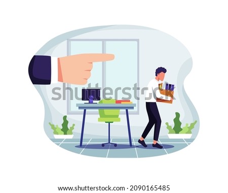 Dismissal employee vector illustration. Fired sad male office worker carrying box, Unemployment and Jobless concept. Vector in a flat style