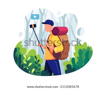 Travel blogger concept illustration. Male travel blogger internet broadcasting use smartphone. Vector illustration in a flat style