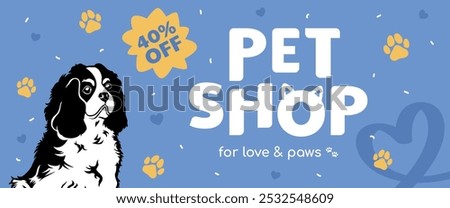 Playful pet shop banner offering 40 percent off with a cheerful dog illustration, perfect for pet store promotions.