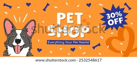 Lively web banner promoting pet shop discounts with an enthusiastic dog illustration and a 30 percent off offer