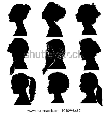 beautiful detailed hair women face profile silhouette set