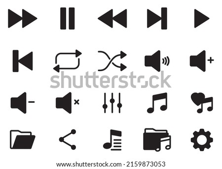 Music Controls button icon set in simple flat design. vector illustration. contains icon such as play, pause, forward, backward, volume, up, down, folder, next, back and equalizer bar.