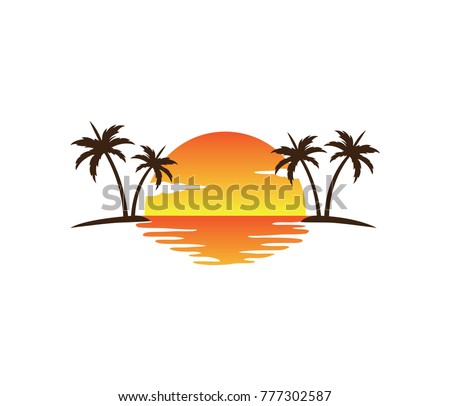 beautiful sunset in the bay between two palm coconut tree vector logo design