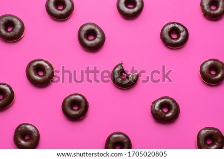 Similar – Image, Stock Photo Donuts aligned in a circle shape. Homemade fresh doughnuts, top view