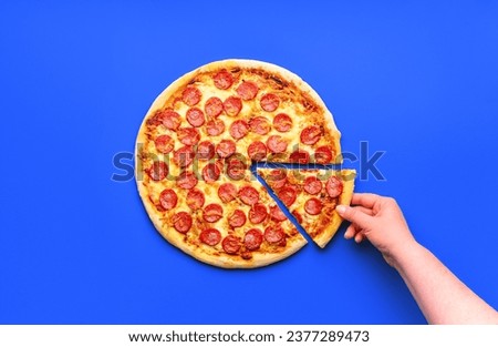 Similar – Image, Stock Photo Sliced pizza pepperoni on blue background. Pizza salami slices