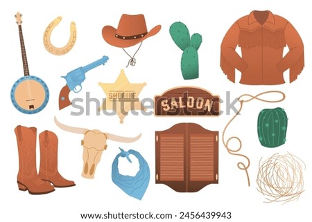 Cowboy aesthetic, Western Rodeo Cowboy Vector Set, Wild west, country style. Flat vector illustration isolated on white background. Element for print, banner, card, brochure, logo