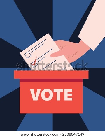 Election 2024 poster. Vote poster in flat style. Element of elections. Democracy vote concept. Hand putting ballot into election box. Vector illustration.