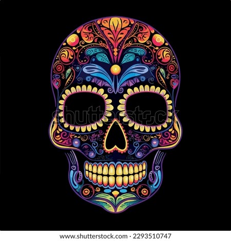 Sugar Skull neon. Day of the Dead Skull, isolated on white background. jack skellington. Mexican sugar skull. Design element for logo, emblem, sign, poster, card, banner. Vector illustration. Color