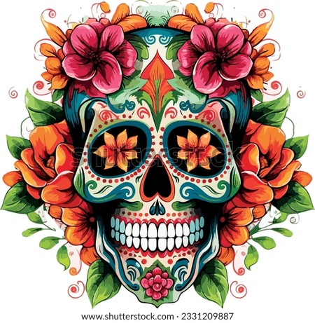 Sugar Skulls. Day of the Dead Skull, isolated on white background. Dia de los Muertos. Mexican sugar skull. Design element for logo, emblem, sign, poster, card, banner. Vector illustration. Color