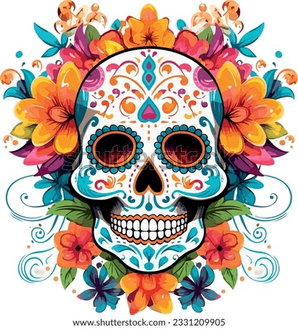Sugar Skulls. Day of the Dead Skull, isolated on white background. Dia de los Muertos. Mexican sugar skull. Design element for logo, emblem, sign, poster, card, banner. Vector illustration. Color