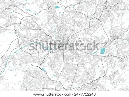 Street map art of Manchester city in England. Road map of Manchester. Black and white (blue) illustration of England streets. Great Britain, United Kindom city Printable poster.