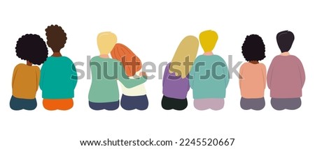 Vector illustration of multiracial people sitting hugging each other watching the sunset in love