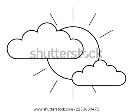 Simple icon in line art style with sun and clouds. Partly sunny weather forecast. Linear flat vector illustration isolated on white background