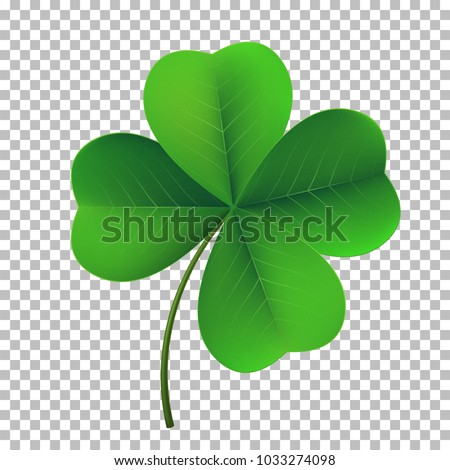 Vector four-leaf shamrock clover icon. Lucky fower-leafed symbol of Irish beer festival St Patrick's day. 3d realistic vector green grass clover isolated on transparent background