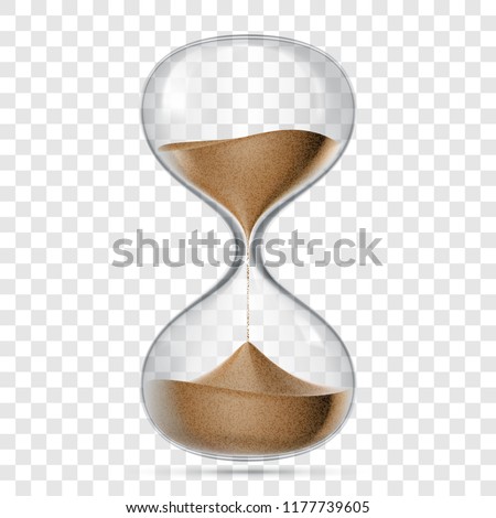 Hourglass or sandglass vector realistic 3D icon isolated on transparent background. Vector hour glass clock with flowing sand