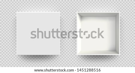 White box mock up vector 3D model top view. Isolated blank realistic open cardboard paper box mockup template