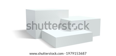 Podium pedestal, vector display platform or 3D stage stand, realistic racked dais. White studio podium background or product display pedestal platform pillars