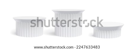 White podium stand, 3D cylindrical pedestal display isolated on white background. Vector aesthetic column platform pillar for display classic product