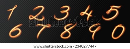 Glowing light numbers. Lighting painting effect trails, golden glitter glow waves and sparkling flare tails. Abstract vector fire light with flash sparkles effect on transparent background