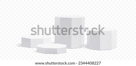 White podium stand, 3D octagonal pedestal display isolated on white background. Vector column platform pillar for display product