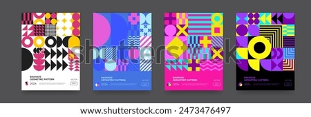 Abstract Bauhaus geometric pattern background, vector circle, triangle and square lines art design. Black and white Bauhaus Swiss pattern background, posters set