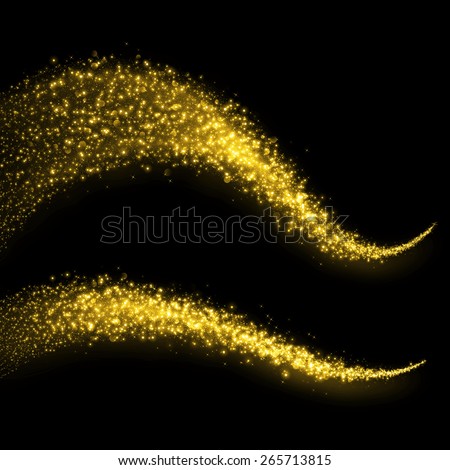 Gold glittering bokeh stars dust tail. Glittering gold smoke tail. Twinkling glitter.