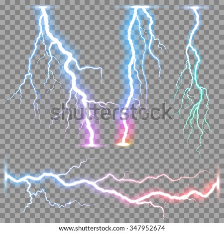 Thunder storm vector realistic lightnings thunderbolt on transparent background. Set of the isolated realistic bolt lightnings with transparency. Electricity lighting effects.