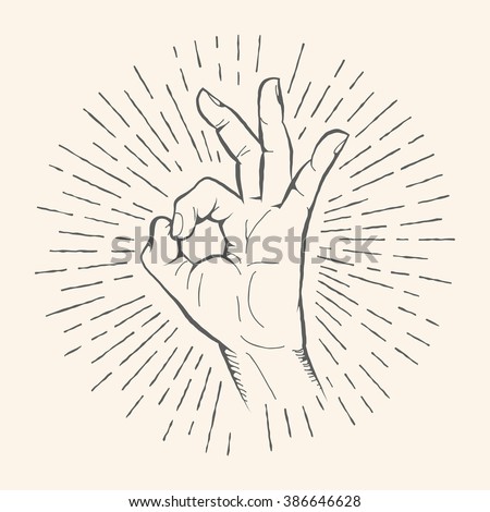 Vector OK hand gesture. All right hand drawn sign. Vector pencil sketch illustration. Isolated on white background.