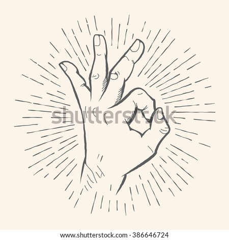 Vector OK hand gesture. All right hand drawn sign. Vector pencil sketch illustration. Isolated on white background.