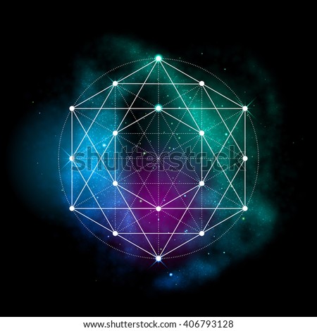 Sacred geometry abstract vector illustration. Symbol of alchemy, religion and spirituality. Metatrons Cube. Flower of life sign. Neon space glowing background.
