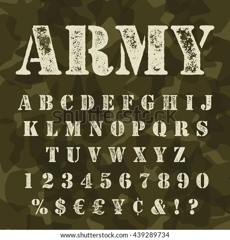 Military stencial alphabet. Army stencial lettering with camouflage background. 
