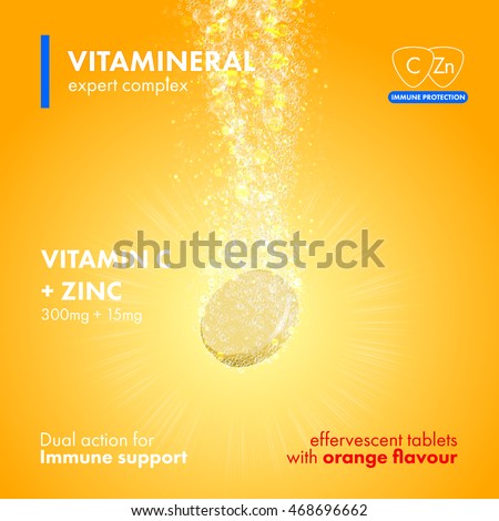 Effervescent soluble tablet pills. Vitamin C plus Zinc soluble pills with orange flavour in water with sparkling fizzy bubbles trail. Vitamineral complex package design with citrus yellow background