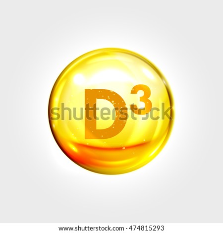 Vitamin D3 gold icon. Cholecalciferol vitamin drop pill capsule. Shining golden essence droplet. Beauty treatment nutrition skin care design. Vector illustration.