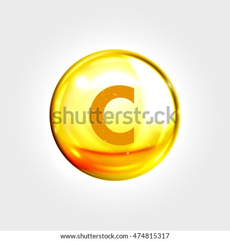 Vitamin C gold icon. Ascorbic acid vitamin drop pill capsule. Shining golden essence droplet. Beauty treatment nutrition skin care design. Vector illustration.