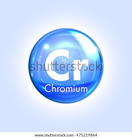 Chromium mineral blue icon. Vector 3D glossy drop pill capsule Chrome mineral and vitamin complex. Healthy life medical and dietary supplement