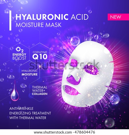 Vector 3d sheet facial mask moisture treatment. Package design for face mask with drops of hyaluronic acid moisturising complex.