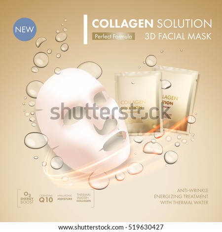 Facial mask sheet with gold collagen sachet on golden water oil bubble background. Skincare collagen hydration moisturizer. Face skincare premium ad design template. Vector beauty concept.